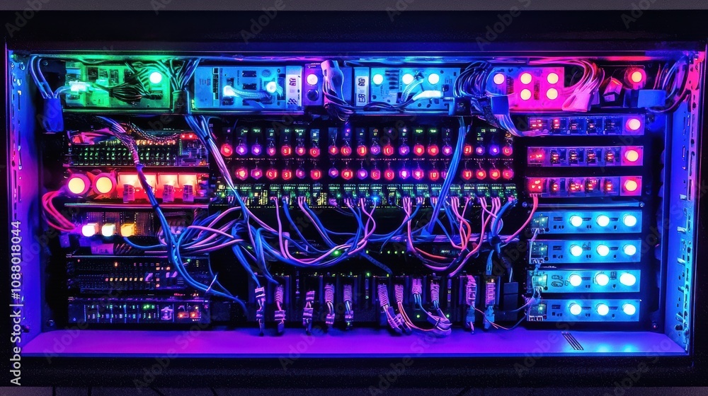 Poster colorful illuminated server rack showcasing various technology components and illuminated lights for