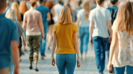 A bustling city street teems with a crowd of anonymous people, each absorbed in their own world.