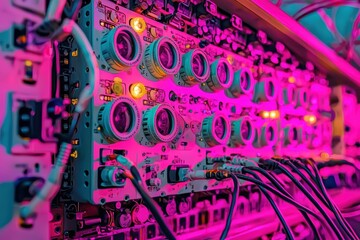 Obraz premium Vibrant Close-Up of Electronic Equipment with Colorful Lights and Intricate Circuitry Showcasing Modern Technology and Innovation in a Studio Environment