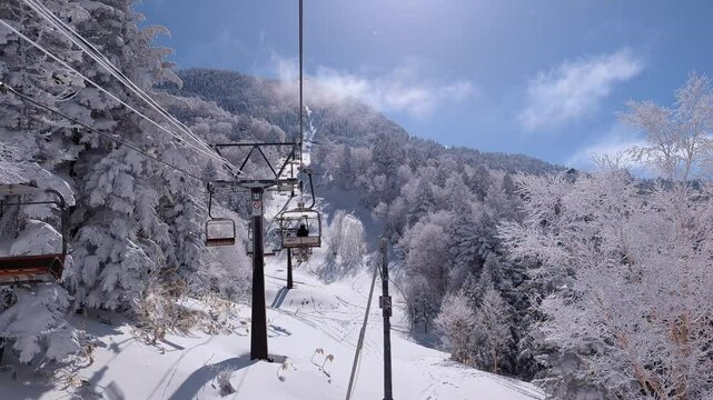 Ski chairlift going through a forest to the top of a mountain on a sunny, clear day (Shibutoge)