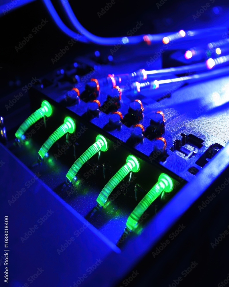 Poster intricate close-up of network equipment with glowing connectors illuminated by cool blue lights, hig