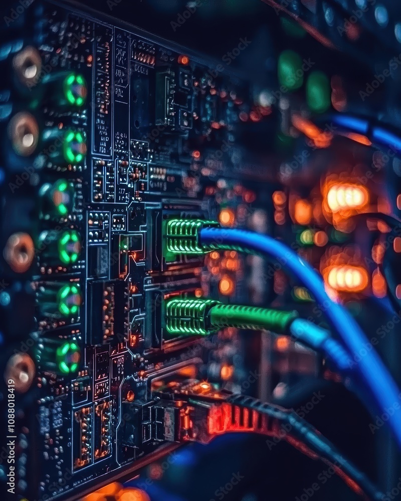 Poster close-up view of modern circuit board with colorful led lights and connected ethernet cables in a dy