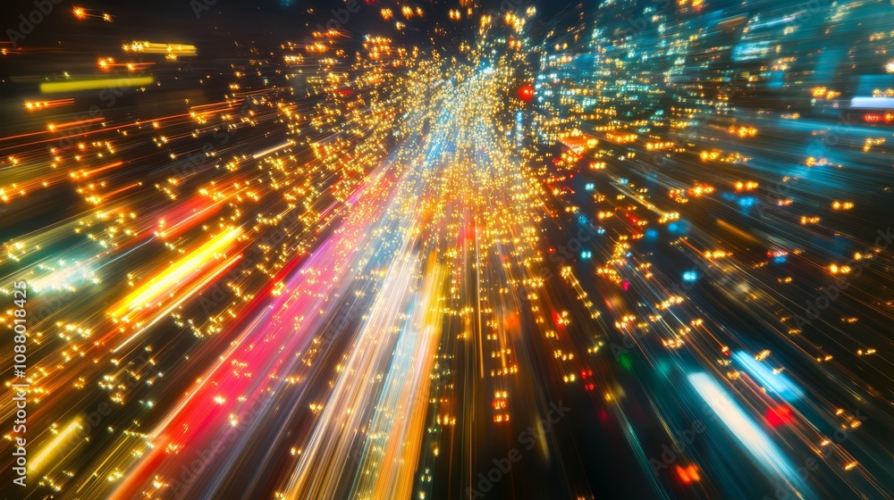 Poster abstract light trails converging at a central point, creating a dynamic and energetic composition.