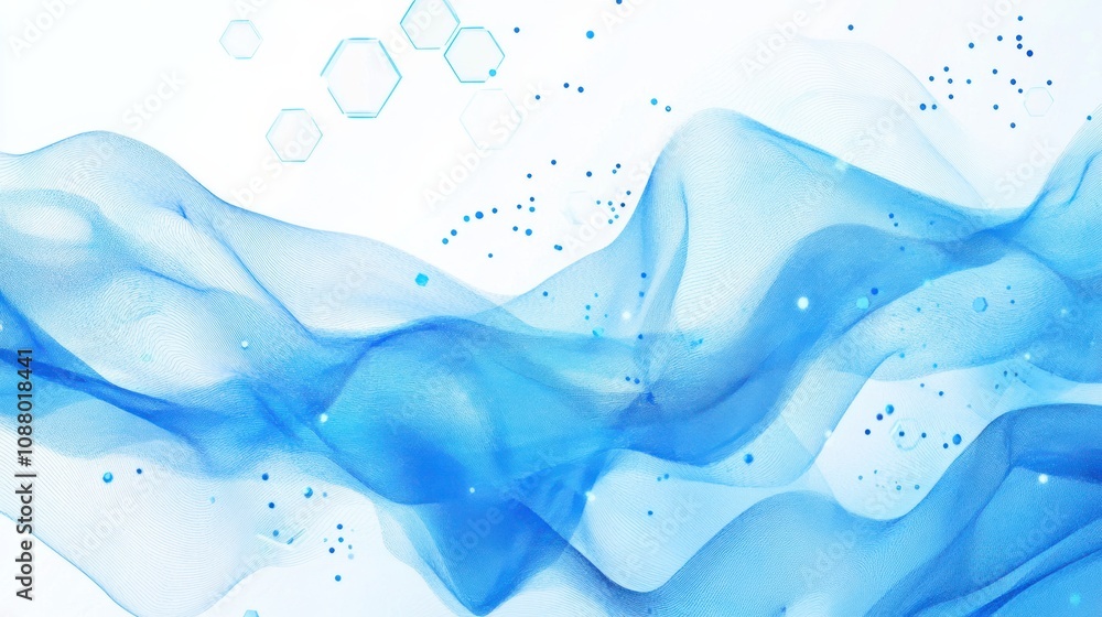 Poster abstract design featuring flowing blue waves and geometric shapes in a serene and tranquil backgroun
