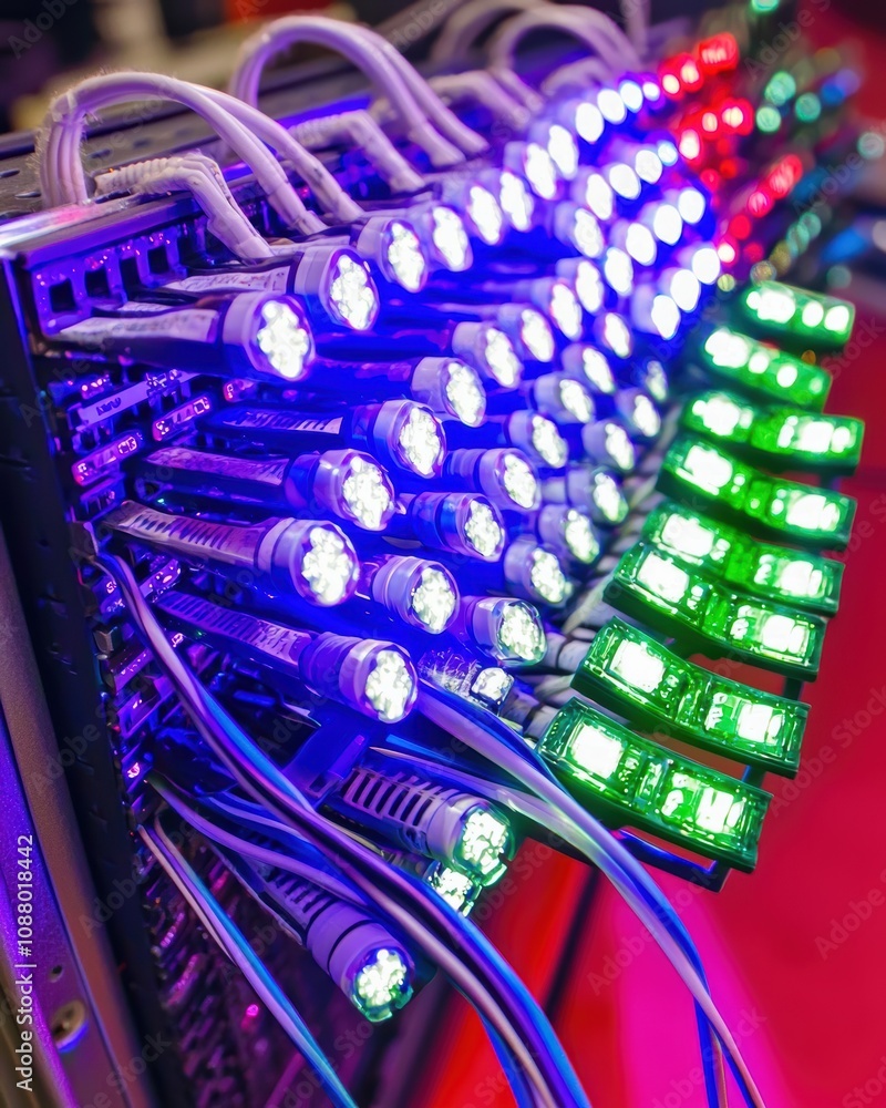 Poster colorful led lights and cables connected to server rack in technology environment for modern data in
