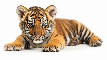 Obraz premium A playful tiger cub resting on a bright white background, exuding innocence and curiosity with every glance.
