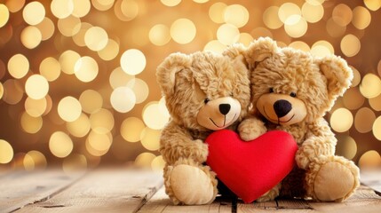 Fototapeta premium Cute teddy bears hold a heart, perfect for a sweet Valentines Day background that spreads love and joy.