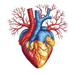 Naklejka premium A detailed anatomical illustration of a human heart showcasing its arteries, veins, and chambers in vibrant colors.