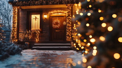 A festive outdoor scene of a house adorned with warm Christmas lights, creating a magical holiday atmosphere 