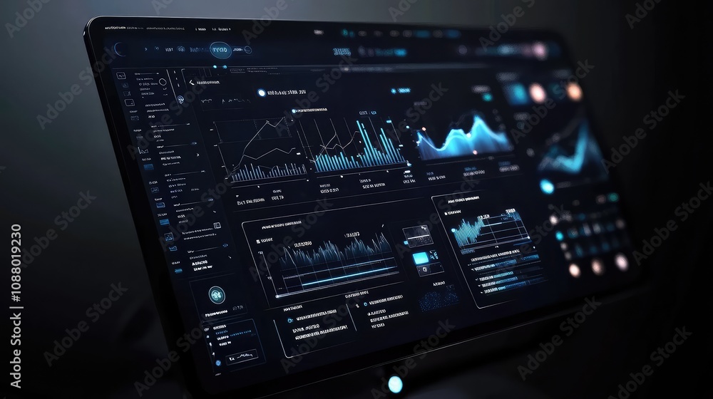 Poster Futuristic Data Dashboard Displaying Analytical Metrics and Charts in a Dark Environment for Business Intelligence and Data Visualization Purposes