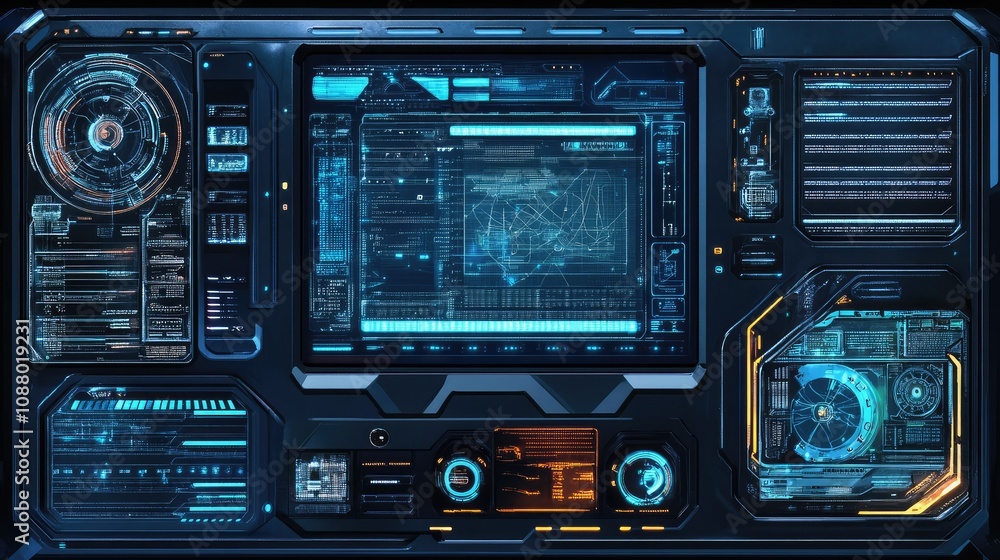 Poster futuristic interface display with dynamic graphs, data visualization elements, control panels, and d