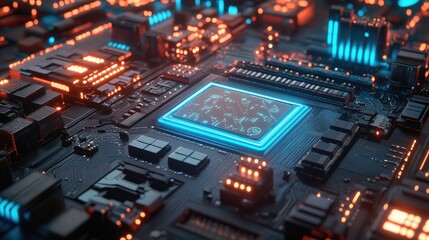 Futuristic Circuit Board Close-Up with Glowing Elements and Blue Highlights on a Dark Background, Showcasing Microprocessor and Digital Technology Design