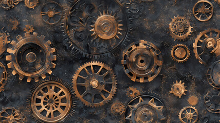 Naklejka premium Steampunk seamless wallpaper with clockwork gears, intricate metallic textures, bronze and copper tones, high detail. Steampunk Clockwork Gears. Illustration