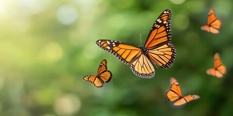 Obraz premium Animals pets migration concept. A vibrant scene featuring multiple orange butterflies fluttering amidst a lush green background, showcasing nature's beauty and the elegance of these insects.