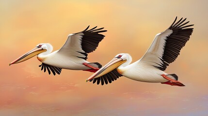 Obraz premium Animals pets migration concept. Two pelicans glide gracefully through a colorful sky, showcasing their long beaks and striking wingspan.