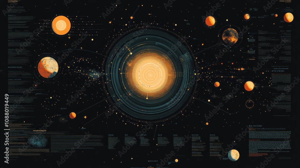 Poster beautiful visual representation of the solar system featuring the sun and planets in a dark space ba