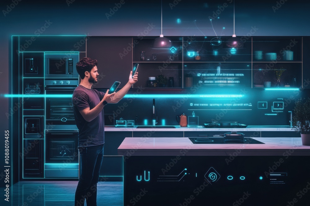 Aufkleber a man interacts with smart kitchen appliances using his mobile device in a modern, illuminated kitch