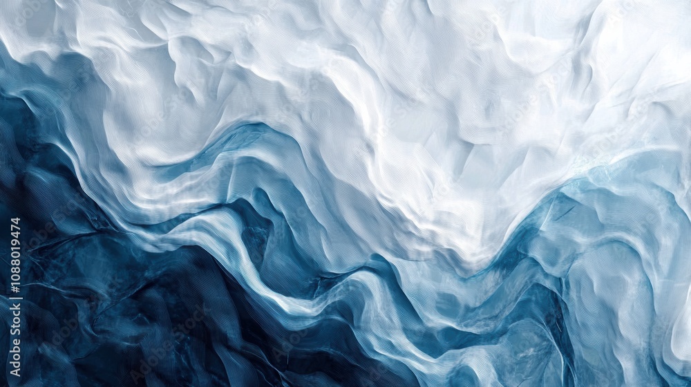 Poster abstract blue and white ocean waves pattern with soft textures and fluid movements, capturing the es