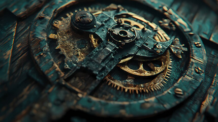 Quirky playful steampunk sci-fi metallic gears intricate clockwork mechanisms soft bronze tones vintage leather bound worn neglect mysterious atmosphere. Steampunk Clockwork Gears. Illustration