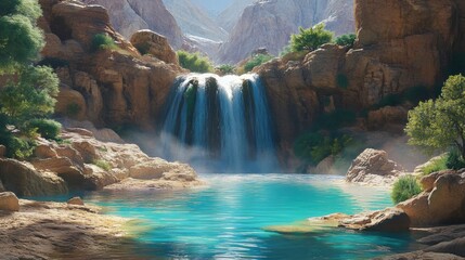 Naklejka premium Serene Waterfall Surrounded by Lush Greenery Amidst Rocky Mountains, Showcasing Crystal-Clear Water and Breathtaking Natural Beauty in a Tranquil Setting