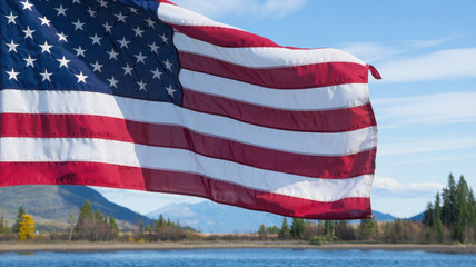 A vibrant American flag billows in the breeze near a serene lake, framed by mountains and crisp blue skies, capturing the essence of patriotism and nature.