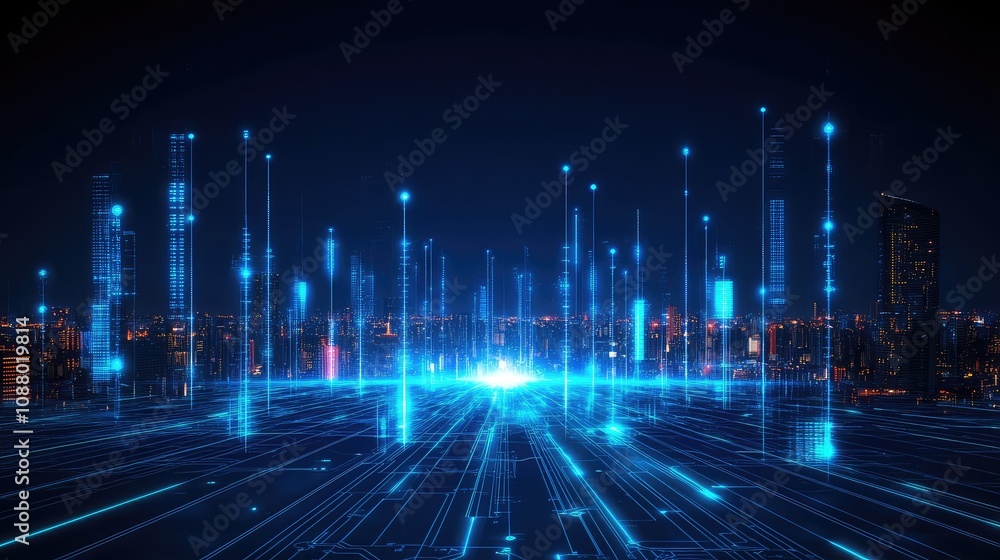 Poster futuristic cityscape with high-tech digital elements and glowing lines representing data flow above 