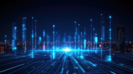 Futuristic Cityscape with High-Tech Digital Elements and Glowing Lines Representing Data Flow Above a Vibrant Skyline at Night