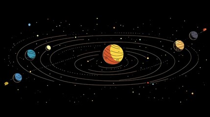 Obraz premium Colorful Artistic Representation of the Solar System Featuring Planets, Asteroids, and Orbiting Paths in a Black Background Ideal for Educational and Creative Projects