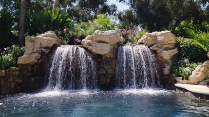 Fototapeta premium Beautiful Natural Waterfalls Flowing into a Tranquil Pool Surrounded by Lush Greenery and Vibrant Tropical Plants in an Idyllic Outdoor Setting