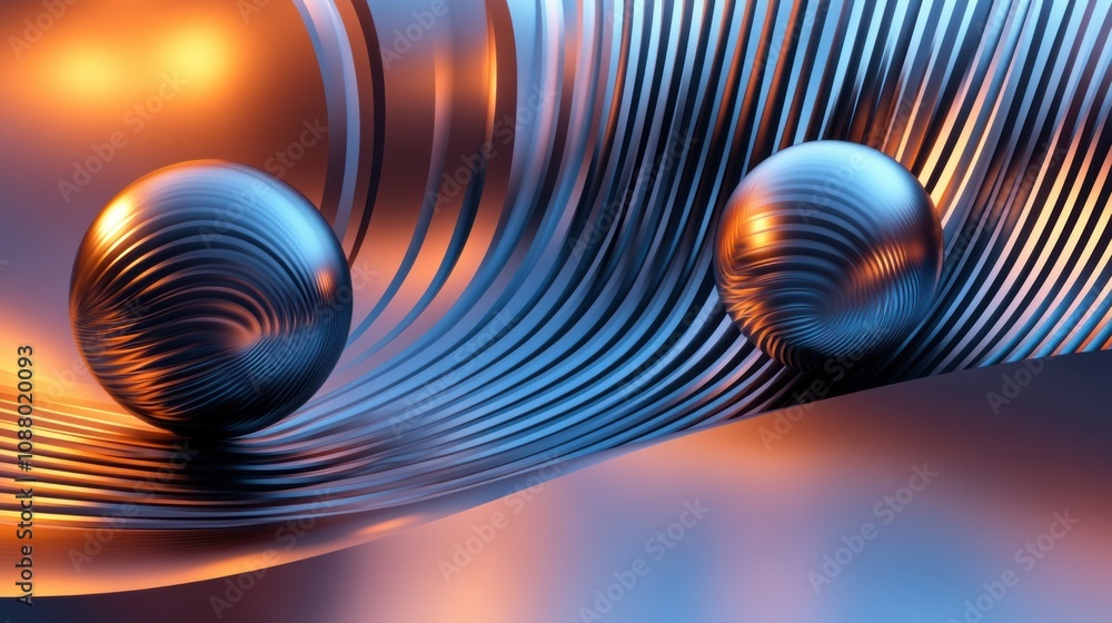 Poster abstract 3d composition featuring metallic spheres on curved lines in blue and orange gradient, crea