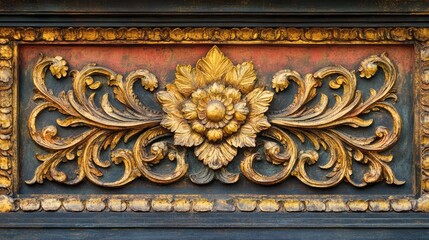 Ornate Decorative Floral Carving in Rich Gold and Dark Colors Showcasing Intricate Design Patterns for Timeless Artistic Elegance in Architecture