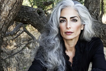 Naklejka premium Portrait of an Elegant Senior Woman with Long Silver Hair Posing Gracefully Against a Tree in a Natural Outdoor Setting, Emphasizing Beauty and Confidence