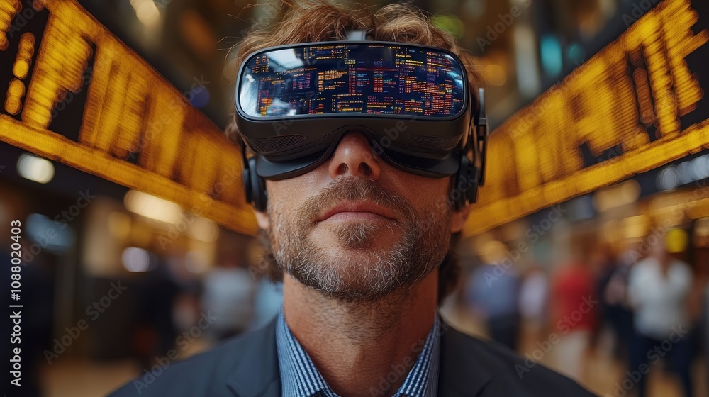 Poster man wearing vr headset in a busy environment with digital displays.