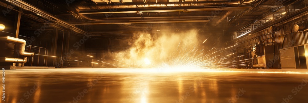 Poster in a spacious industrial workshop, workers focus on welding tasks, creating bright sparks and showca