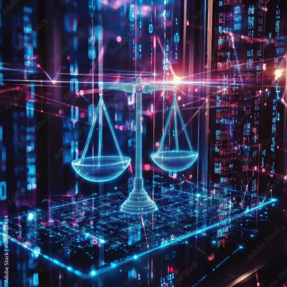 Poster digital scales of justice concept representing law, fairness, and technology in a futuristic environ