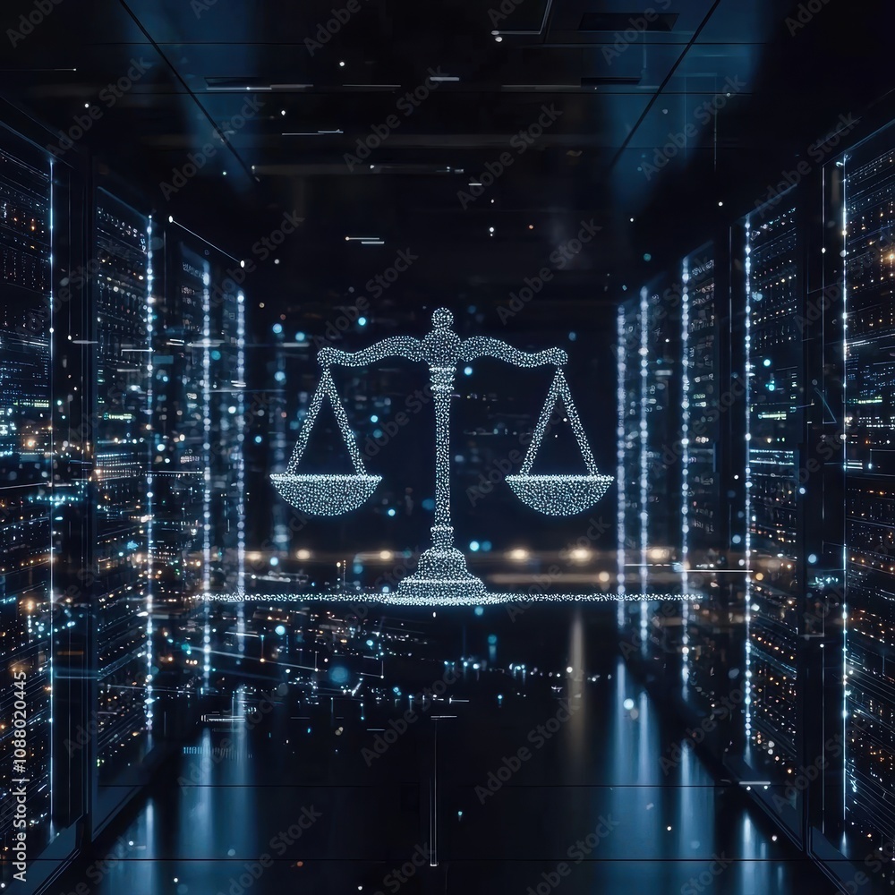 Poster digital representation of justice with scales in a high-tech environment showcasing data flow and tr