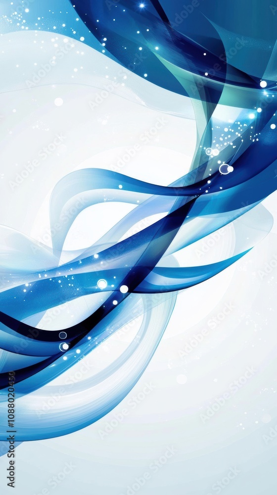 Poster fluid waves of blue and cyan in abstract design with sparkling bubbles for adapting stock imagery fo