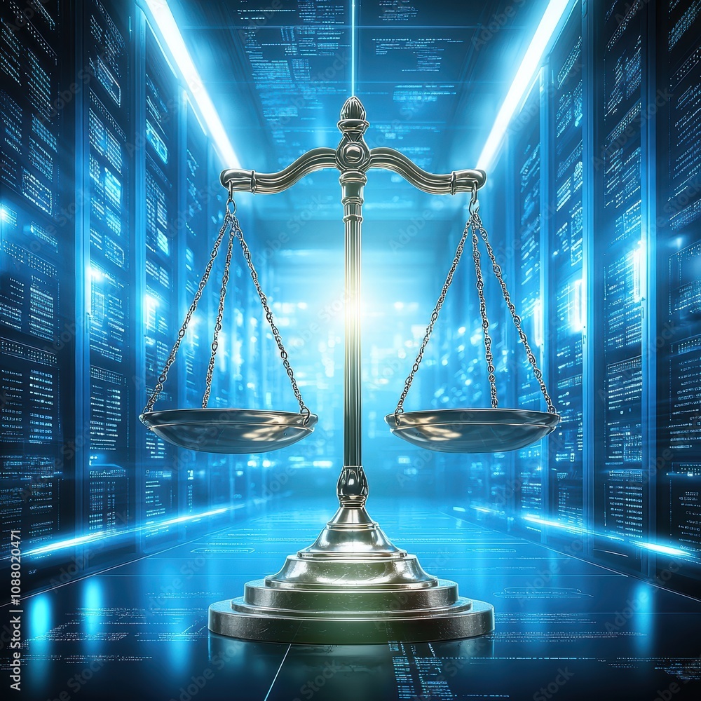 Poster digital scales of justice in a modern virtual environment symbolizing law and order in the age of te