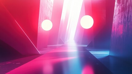Abstract futuristic corridor illuminated by vibrant red and blue lights, featuring glowing spheres and sharp geometric structures, creating a mesmerizing digital landscape