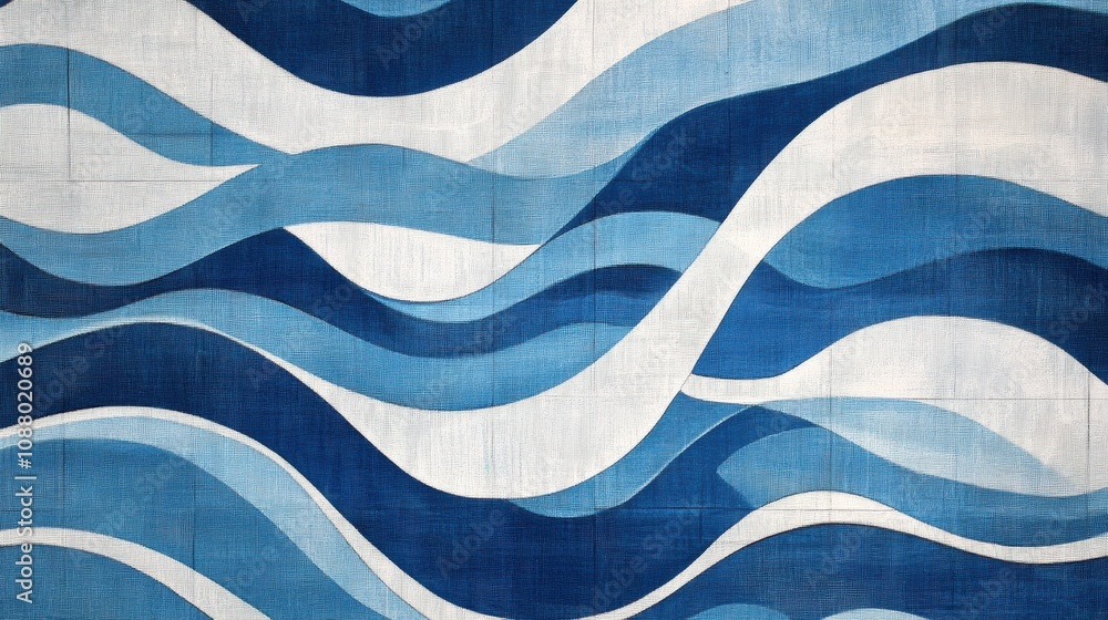 Poster abstract fabric design featuring flowing waves in shades of blue and white, capturing a dynamic and 