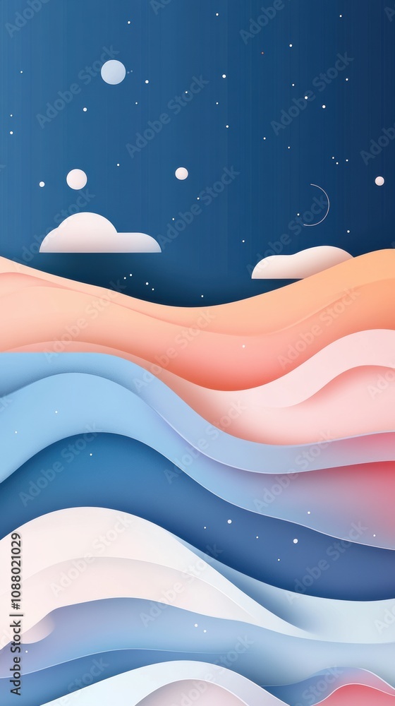 Poster abstract waves and celestial bodies in soft pastel colors, featuring gentle undulating patterns and 