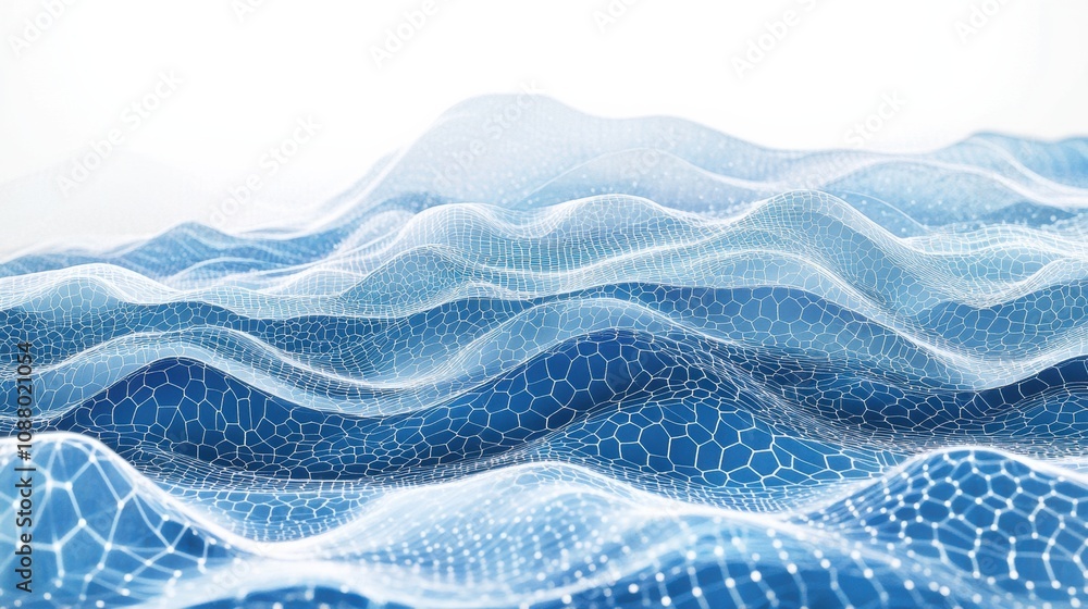 Poster smooth flowing waves of blue and white representing abstract water surface with geometric patterns a