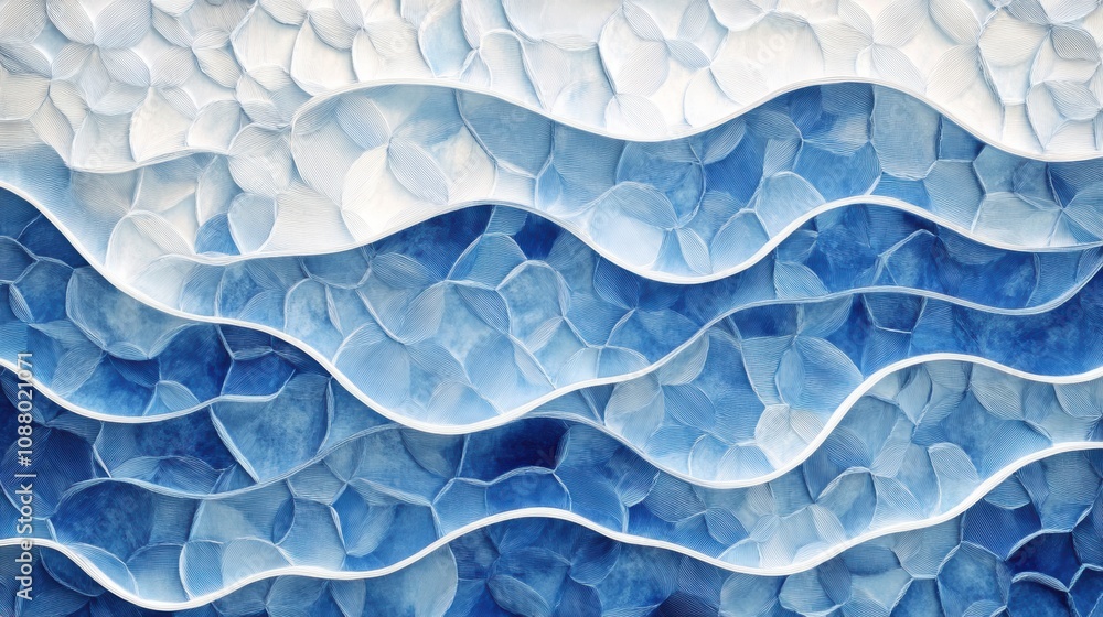 Poster abstract representation of ocean waves in various shades of blue and white, featuring textured patte