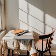 Sunlight streaming through a window illuminates a cozy dining area with a wooden chair, simple table, and a rustic plate, creating a warm and inviting atmosphere for meals.