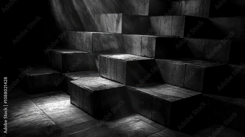 Poster dark and mysterious staircase of industrial blocks bathed in subtle light rays, creating a dramatic 