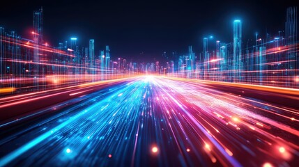 Fototapeta premium Futuristic cityscape with vibrant light trails creating a dynamic sense of motion, showcasing technology, urban life, and innovation in a digital world.