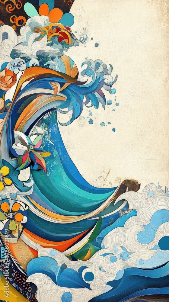 Poster vibrant abstract wave design with colorful flowers and swirls on textured background