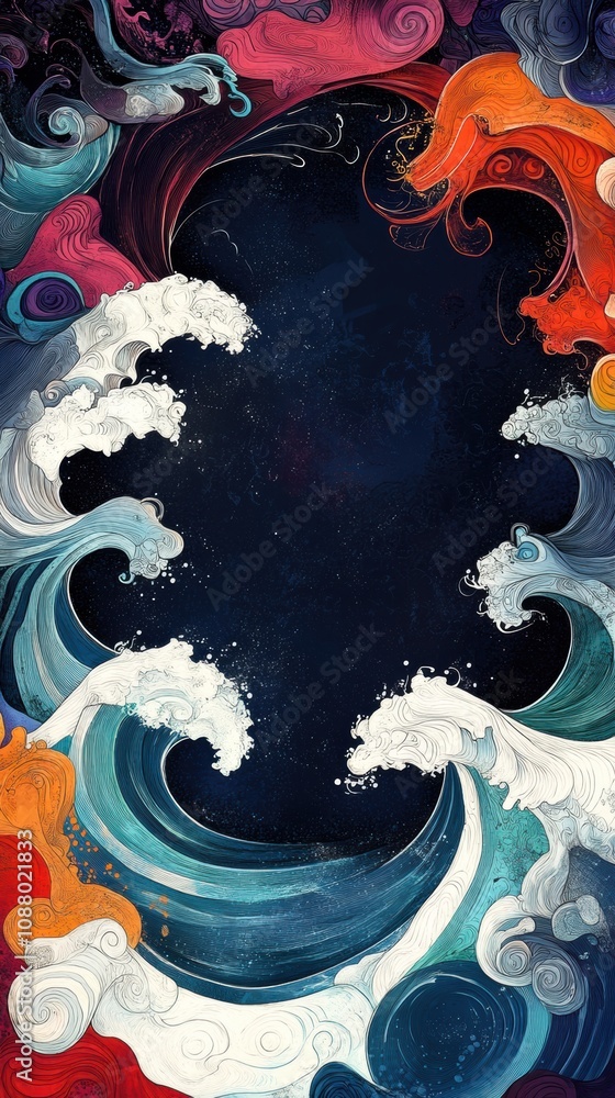 Poster abstract waves and swirls in vibrant colors creating a dynamic and enigmatic background for artistic