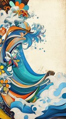 Vibrant Abstract Wave Design with Colorful Flowers and Swirls on Textured Background