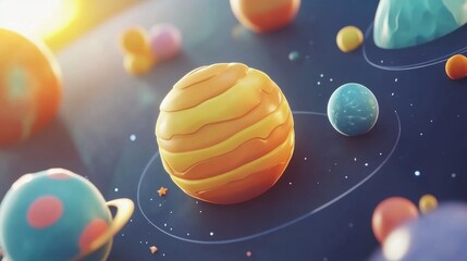 Naklejka premium Colorful and Playful Illustration of a Vibrant Solar System With Cartoonish Planets, Stars, and Cosmic Elements Set Against a Deep Space Background
